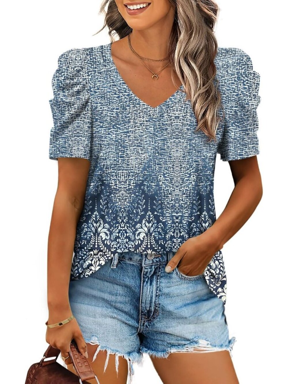 Women's Floral Beige Blue Polyester Blend Puff Sleeve V Neck Henley Shirts